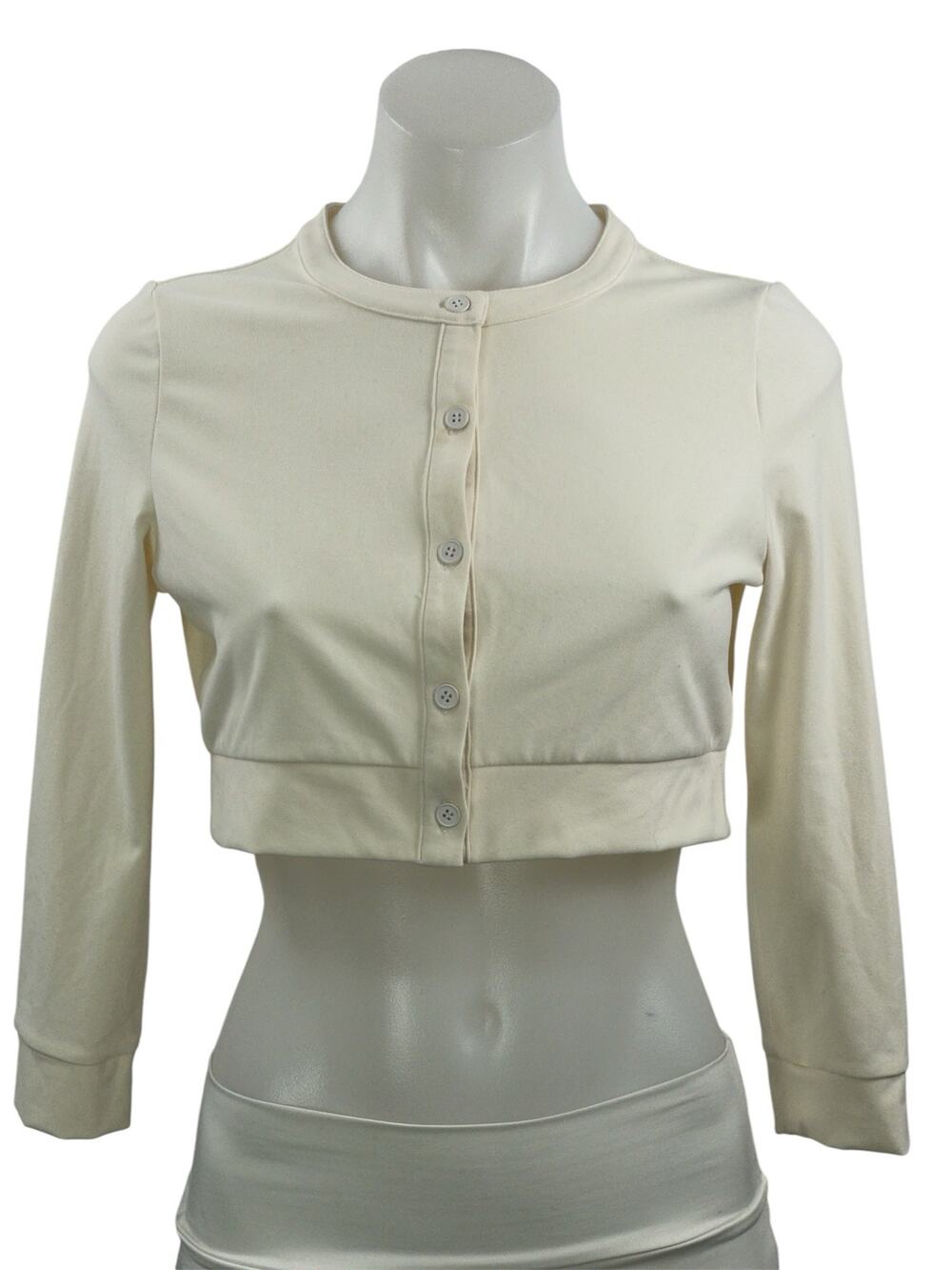 WeWoreWhat Women's Cream Crew Neck Long Sleeve Stretch Button Up Crop Top Size M
